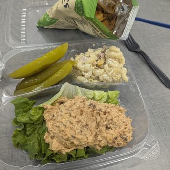 Chicken Salad Coop - This is with macaroni salad, pickle and raspberry chipotle chicken salad - Salad Near Me - Houston, Texas