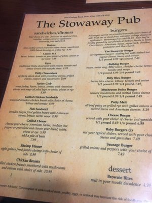 Menu photo 4 Stowaway Pub Stow, OH