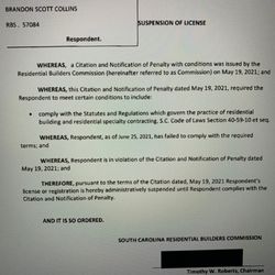 Collins Roofing - license suspended