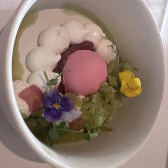 Santacafé - Strawberry Rhubarb Pavlova - meringue, strawberry mousse, rhubarb compote. - Cafes Near Me - Santa Fe, New Mexico