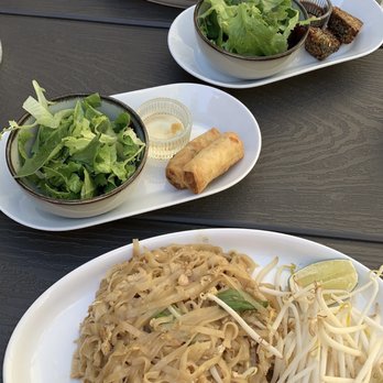 One More Charm - Two Lunch Specials: Green Curry w Chive Pancake & Pad Thai w Spring Rolls - Thai Near Me - Brooklyn, New York