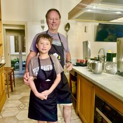 Inrome Cooking - Finn and Dad starting the class with clean aprons!!!