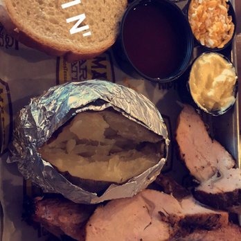 Mac's Bar-B-Q - Meat plate with brisket, smoked turkey, and a baked potato with fixings. Yumm!! - Barbeque Near Me - Brady, Texas Mac's Bar-B-Q - Meat plate with brisket, smoked turkey, and a baked potato with fixings. Yumm!! - Barbeque Near Me - Brady, Texas