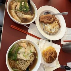 Jacky's Cafe - Wontons w/ noodles x2, pineapple bun, and pork chop, fried egg w/ rice