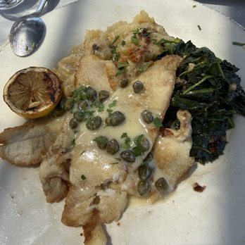 Bluewater Grill Seafood Restaurant Newport Beach - Sand dabs with capers - yum! A very thin mild white fish with a buttery caper sauce. Flavorful scalloped potatoes and spinach to pair. - Seafood Near Me - Newport Beach, California