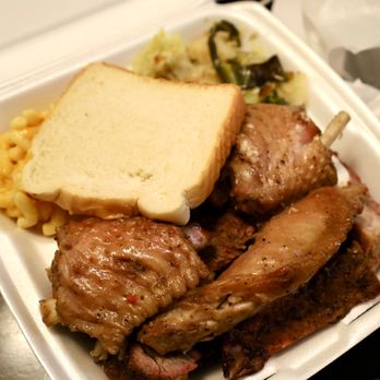 No Sauce BBQ - Smoked turkey wing and rib combo plate with macaroni and cheese, smoked cabbage and slice of bread on the side. - Barbeque Near Me - Savannah, Georgia