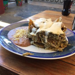 Best chicken chilaquiles I've ever had. Great outdoor concept. Lots of options for everyone.... and cheap. This cost only 85 pesos.