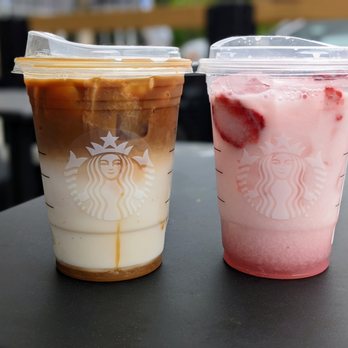 Starbucks - Iced Caramel Macchiato ($5.25) and Pink Drink ($4.75). Size for each: Grande (16 fl oz). - Coffee & Tea Near Me - Walterboro, South Carolina