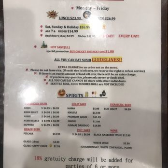 Dono Sushi Cafe - AYCE menu is misleading. 18% gratuity is charged for ALL parties 6 or more, not just AYCE - Sushi Bars Near Me - Chino, California