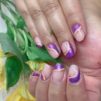 Le Nails Spa - Nails by Kayla! Purple and orange design with marble flakes - Nail Salons Near Me - Vacaville, California Le Nails Spa - Nails by Kayla! Purple and orange design with marble flakes - Nail Salons Near Me - Vacaville, California