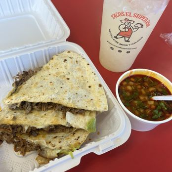 Tacos El Superior - Birria quesadilla supreme style, consomé, agua fresca de piña - Mexican Near Me - Palmdale, California