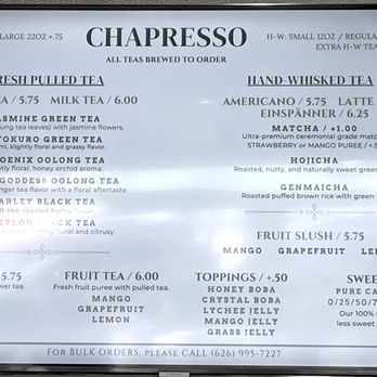 Chapresso - Menu - Bubble Tea Near Me - San Marino, California