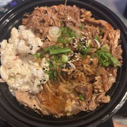 Luau Pork, rice, mac salad.