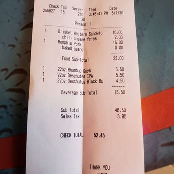 JD'S BBQ - Receipt $52.45 for 2 HEFTY meals & 3 22oz beers - not bad! - Barbeque Near Me - Dickinson, North Dakota JD'S BBQ - Receipt $52.45 for 2 HEFTY meals & 3 22oz beers - not bad! - Barbeque Near Me - Dickinson, North Dakota