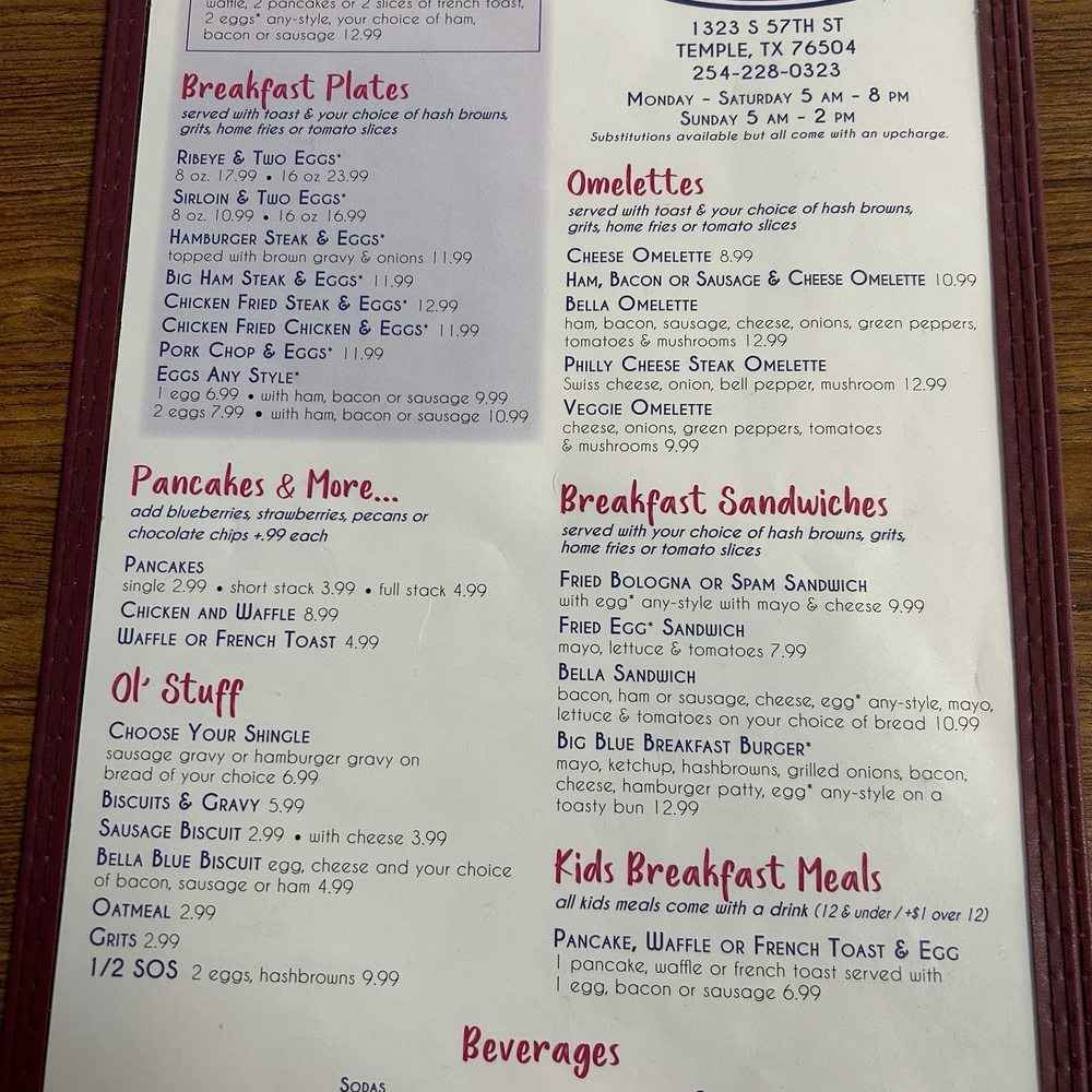 Bella Blue - Breakfast side of menu - Cafes Near Me - Temple, Texas