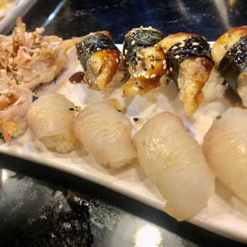 Sushimi's - Upside down shrimp, unagi on top, and snapper on bottom - Sushi Bars Near Me - Reno, Nevada Sushimi's - Upside down shrimp, unagi on top, and snapper on bottom - Sushi Bars Near Me - Reno, Nevada