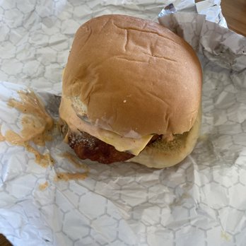 Federal Donuts - Fried Chicken sandwich with spicy sauce, pickles, cheese - Donuts Near Me - Wynnewood, Pennsylvania