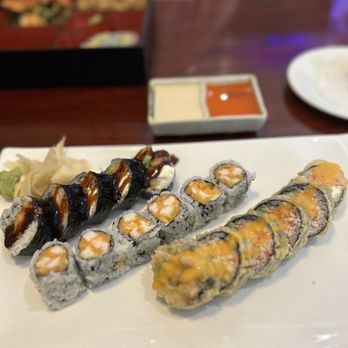 Sakura Sushi Hibachi - Rolls: left to right, Shawn, spicy shrimp, Godzilla - Japanese Near Me - Dunedin, Florida Sakura Sushi Hibachi - Rolls: left to right, Shawn, spicy shrimp, Godzilla - Japanese Near Me - Dunedin, Florida