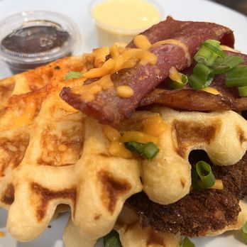 Eatology - Chicken and waffles - notice the huge bacons - Cafes Near Me - Vernon, British Columbia Eatology - Chicken and waffles - notice the huge bacons - Cafes Near Me - Vernon, British Columbia