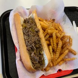 Cheesesteak w peppers and fries! Cheesesteak w peppers and fries!