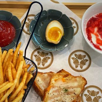 Hazukido - Chicken "breast" and cheese croissant, with a side of fries $16 - Bakeries Near Me - Richmond, British Columbia