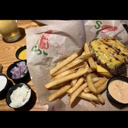 Original 1/4 pound burger with French fries & my required sauces & onions on the side. Original 1/4 pound burger with French fries & my required sauces & onions on the side.