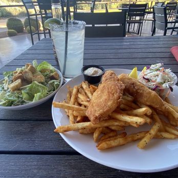 Longbow Golf Club - Fish and chips with a Caesar salad - Golf Near Me - Mesa, Arizona Longbow Golf Club - Fish and chips with a Caesar salad - Golf Near Me - Mesa, Arizona
