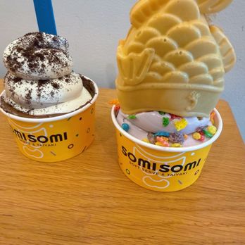 Somisomi - Ube with Taiyaki filled with custard topped with fruity pebbles upside down - Desserts Near Me - Sacramento, California Somisomi - Ube with Taiyaki filled with custard topped with fruity pebbles upside down - Desserts Near Me - Sacramento, California