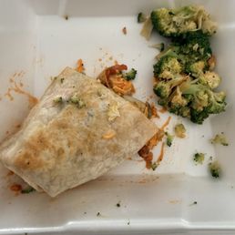 Buffalo chicken wrap w/steamed broccoli. Buffalo chicken wrap w/steamed broccoli.