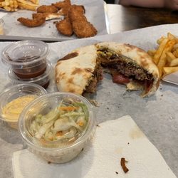 Bun Burger - Bun Burger, beef patty with mushroom and bacon. Second plate are chicken tenders. Panko crusted chicken is our favorite!