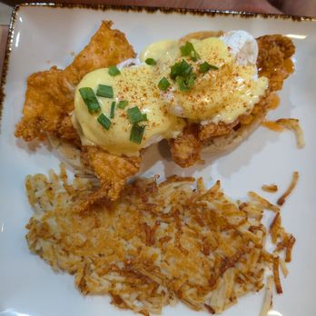 Young Cardinal Cafe - Hot chicken pimiento cheese eggs Benedict with crispy hash browns - Breakfast & Brunch Near Me - Winston-Salem, North Carolina