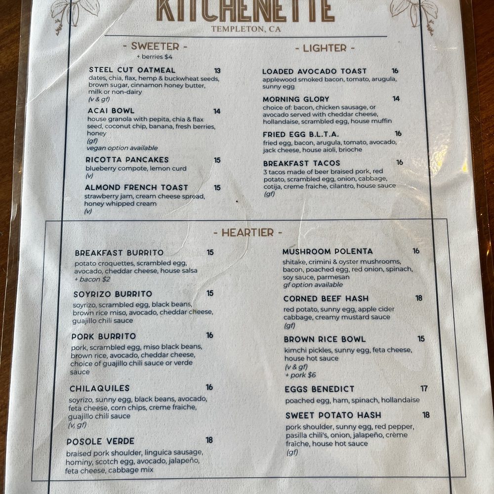Kitchenette - Menu September 2023 - Breakfast & Brunch Near Me - Templeton, California Kitchenette - Menu September 2023 - Breakfast & Brunch Near Me - Templeton, California