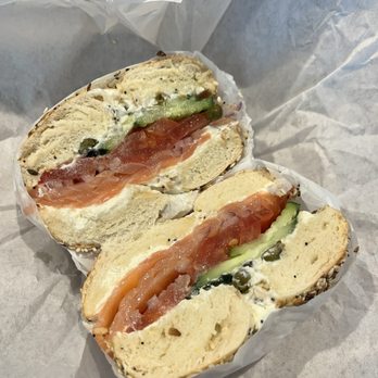 Bagel Factory - two halves of a bagel sandwich - Bagels Near Me - Torrance, California