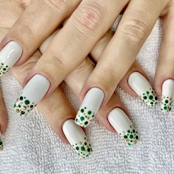 Berkeley Nails & Spa - Crisp white nails featuring emerald and gold circular spots concentrated at the tips. Minimalist yet opulent with a touch of nature. - Nail Salons Near Me - Norcross, Georgia Berkeley Nails & Spa - Crisp white nails featuring emerald and gold circular spots concentrated at the tips. Minimalist yet opulent with a touch of nature. - Nail Salons Near Me - Norcross, Georgia