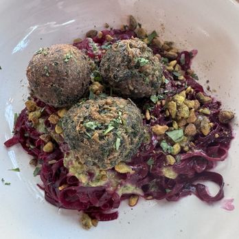 Haven Farm + Table - Vegan Beet pasta ribbons with falafel spinach balls - New American Near Me - Encinitas, California Haven Farm + Table - Vegan Beet pasta ribbons with falafel spinach balls - New American Near Me - Encinitas, California