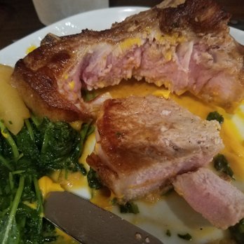 Block Restaurant - Pork chop is properly medium rare, of you ask. Juicy and delicious. - New American Near Me - Provo, Utah Block Restaurant - Pork chop is properly medium rare, of you ask. Juicy and delicious. - New American Near Me - Provo, Utah