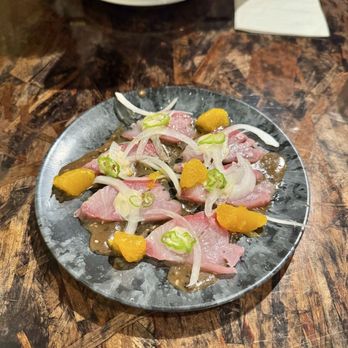 XO Restaurant - Hamachi Sashimi Crudo, Miso Sesame Vin, Aioli, Orange, Shishito - Asian Fusion Near Me - Honolulu, Hawaii