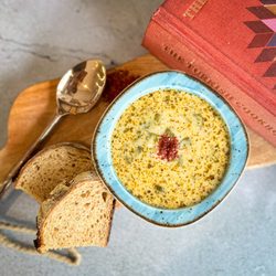 Soupchu | Homemade Soups, Stews & Broths - Yogurt Soup - Barley and Swiss chard with dried mint olive oil with Acme bread.