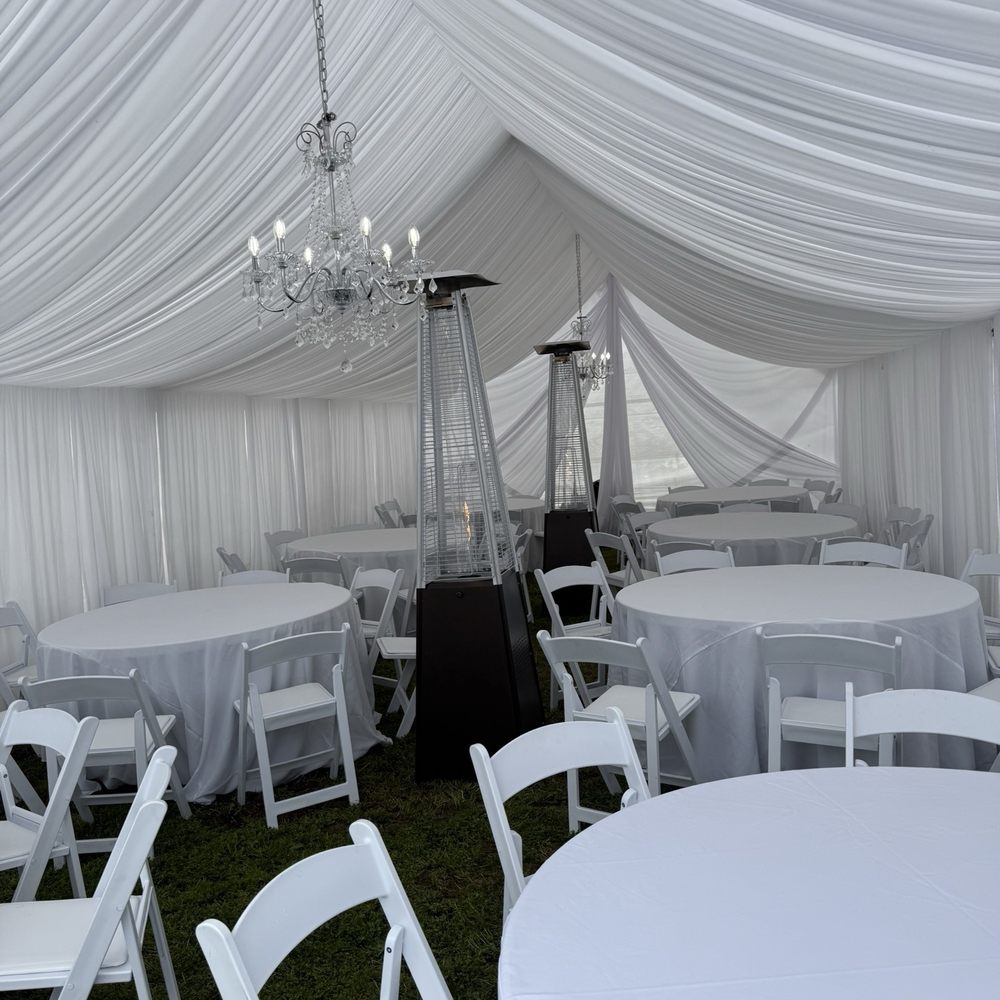 Canopies with lighting , Tables,  and chairs