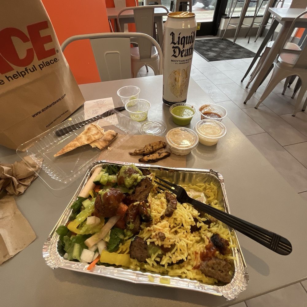 Rice and salad combo with lamb&beef and falafel.