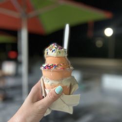 Jeremiah's Italian Ice - Bahama Freeze Italian Ice, swirl custard, rainbow sprinkles