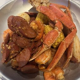 Snow crab, shrimp, corn, potatoes, eggs, and sausage. Snow crab, shrimp, corn, potatoes, eggs, and sausage.