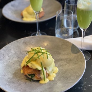 Queensyard - Salmon Benedict and Greener Grass signature cocktail. - Modern European Near Me - New York, New York Queensyard - Salmon Benedict and Greener Grass signature cocktail. - Modern European Near Me - New York, New York
