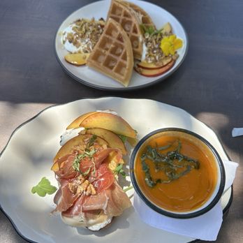 Mints & Honey - Peach prosciutto toast with tomato bisque. Peach waffles - Coffee & Tea Near Me - Burlingame, California Mints & Honey - Peach prosciutto toast with tomato bisque. Peach waffles - Coffee & Tea Near Me - Burlingame, California