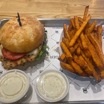 Burgerim - Grilled Chicken Burger, gluten free bun with sweet potato fries. - Burgers Near Me - Carmichael, California