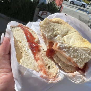 P-Town Coffee & Tea - Sesame bagel with cream cheese and strawberry jam - Coffee & Tea Near Me - Pacifica, California