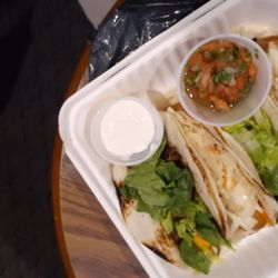 Surf and Turf Tacos. Beef tenderloin tacos and Fish tacos topped with coleslaw. Side of pico de gallo and sour cream