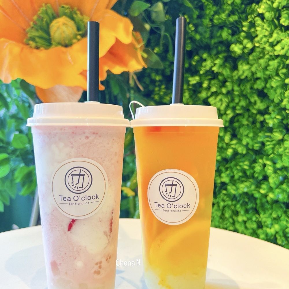 Tea O’clock - L: strawberry sago $7.50 R: signature mixed fruit tea $7 - Bubble Tea Near Me - San Leandro, California Tea O’clock - L: strawberry sago $7.50 R: signature mixed fruit tea $7 - Bubble Tea Near Me - San Leandro, California