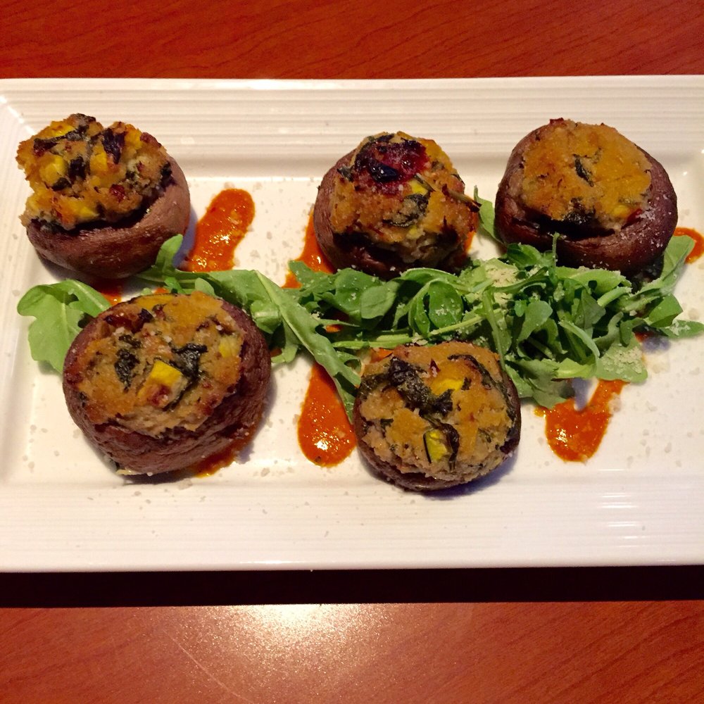 Pinstripes - Stuffed mushrooms with arugula and tomato bisque sauce - Bowling Near Me - Northbrook, Illinois Pinstripes - Stuffed mushrooms with arugula and tomato bisque sauce - Bowling Near Me - Northbrook, Illinois