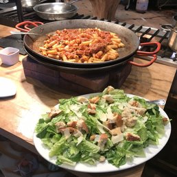 Pasta and Caesar salad.
